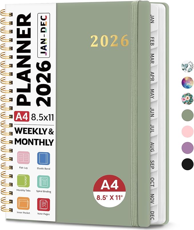 2026 Planner 8.5" x 11", Weekly and Monthly Calendar Planner Book, January 2026 - December 2026, Hardcover Spiral Planner with Monthly Tabs, Notes Pages, Perfect for Women & Men, A4 - Green