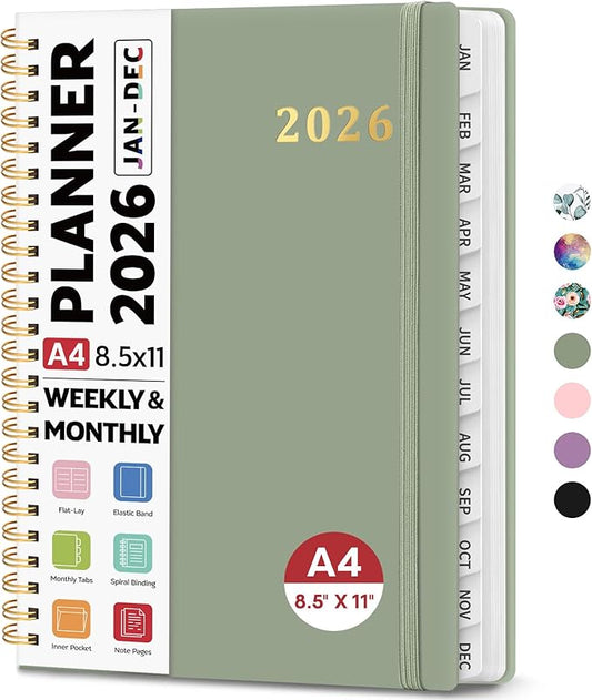 2026 Planner 8.5" x 11", Weekly and Monthly Calendar Planner Book, January 2026 - December 2026, Hardcover Spiral Planner with Monthly Tabs, Notes Pages, Perfect for Women & Men, A4 - Green