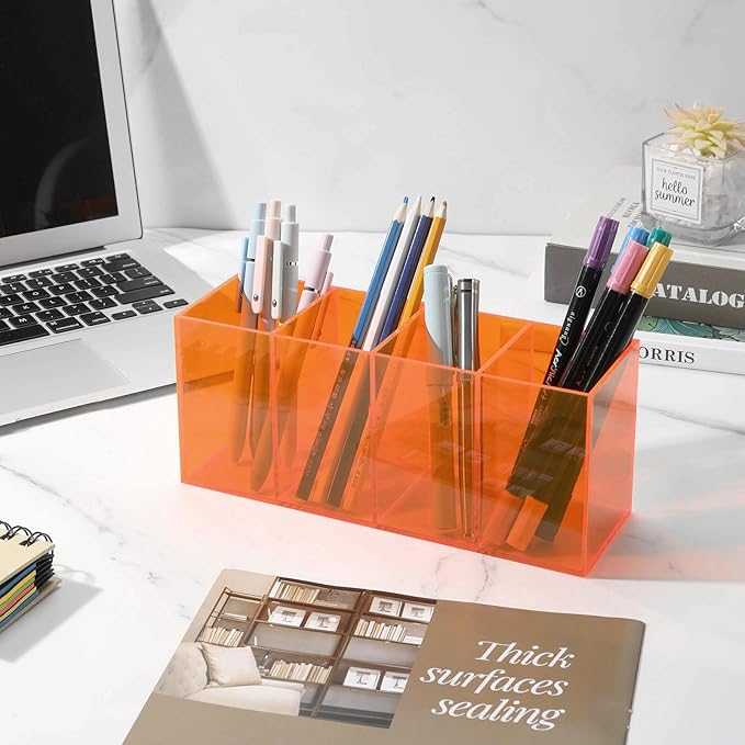 Pen Holder for Desk Neon Acrylic Pencil Holder Cup Makeup Brush Storage Organizer for Vanity, Neon Orange