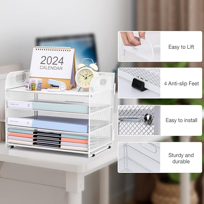 4-Tier Paper File Tray Organizer, Desk Organizer Tray with Handle, Mesh Desk File Organizer for Office Supplies Desktop Accessories - White