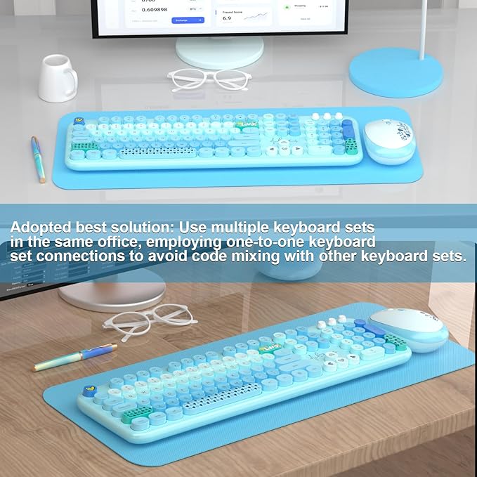 Wireless Keyboard Mouse Combo, MOFII 104 Round Keys Lovely Full-Size Cute Colorful Keyboard and Mouse with Retro Typewriter for PC/Mac/Laptop/Tablet/Computer/Windows Blue