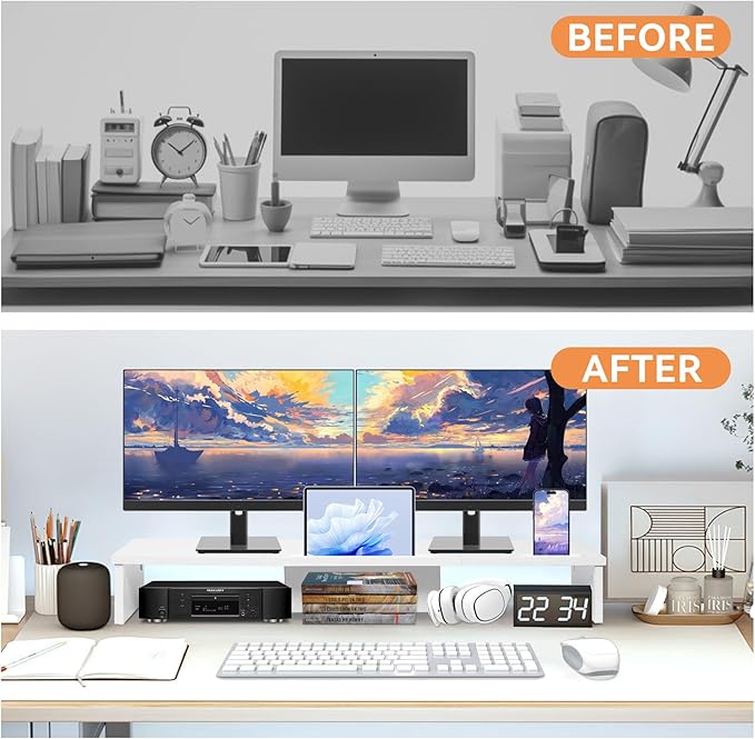 Dual Monitor Stand Riser with Phone Tablet Holder, 35.8in Large Monitor Stand for Desk, Computer Monitor Stand for 2 Monitors, Desk Shelf for Top of Desk, Desktop Organizer for Laptop, Printer, TV