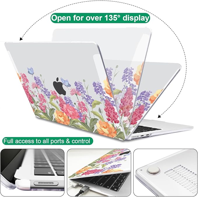 Compatible with MacBook Air 13.6 inch Case 2025 2024 2023 2022 Release A2681 A3113 A3420 Cover M4 M3 M2 Chip, Pattern Plastic Hard Shell Case Screen Film Keyboard Skin, Pink & Purple Flowers