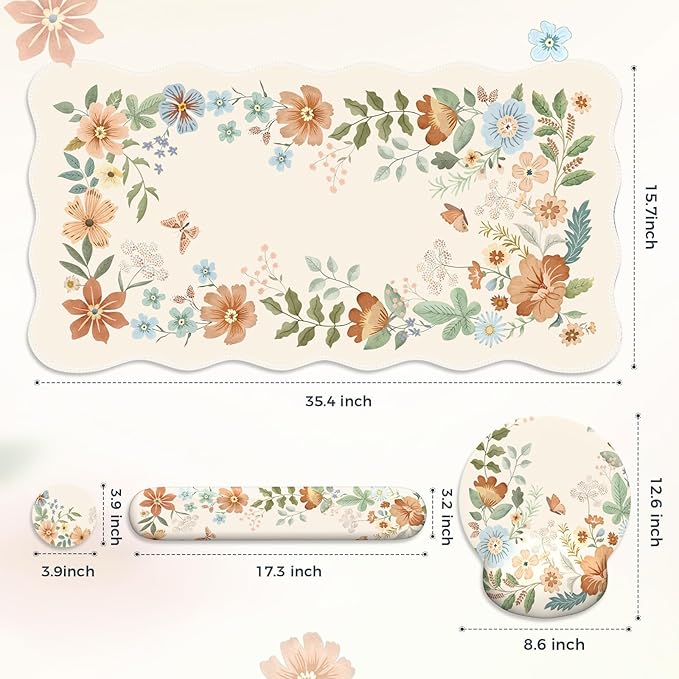 Scalloped Office Desk Cover Mat+Keyboard Wrist Rest+Mouse Wrist Rest+Coaster Set,Scalloped Desktop mat for Teacher Desk Cover,Pastel Home Office Essentials