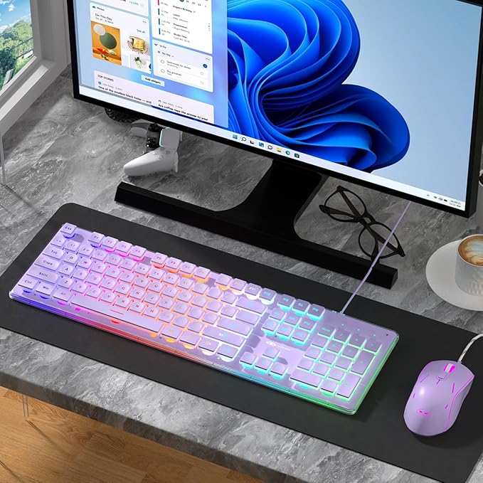 Camiysn Creamy Gaming Keyboard and Mouse, Purple 104 Keys RGB and 6 Speed RGB Mouse Combo, Pudding Keycaps Silent Computer Keyboard for Computer/PC/Laptop/Mac/Windows/Office