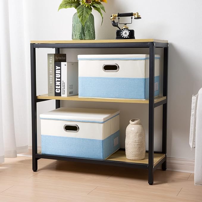 PRANDOM Large Foldable Storage Boxes with Lids [3-Pack] Fabric Collapsible Storage Bins Organizer Containers Baskets Cube with Cover for Home Bedroom Closet Office Nursery Blue&Cream(17.7x11.8x11.8)