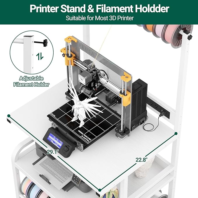 Homieasy Printer Stand with Charging Station, 29.1" x 22.8" Large 3D Printer Table with Filament Storage, Heavy Duty Rolling Printer Cart with 4-Tier Storage for Workshop/Office/Garage, White