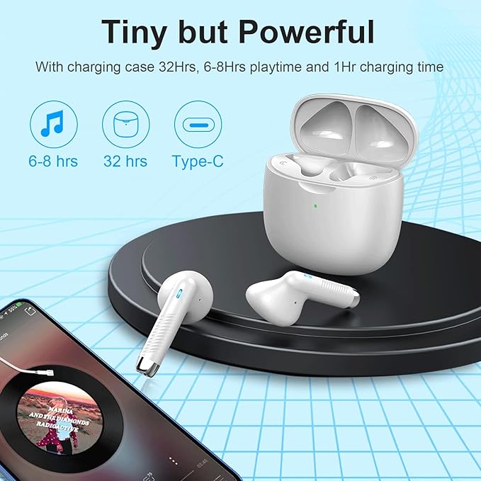 Wireless Earbuds, Bluetooth 5.4 Headphones HI-FI Stereo, Ear buds with 4 ENC Noise Cancelling Mic, 32H Playtime Wireless Earphones Type-C Fast Charging, IP7 Waterproof, Touch control, Tiny Size, White
