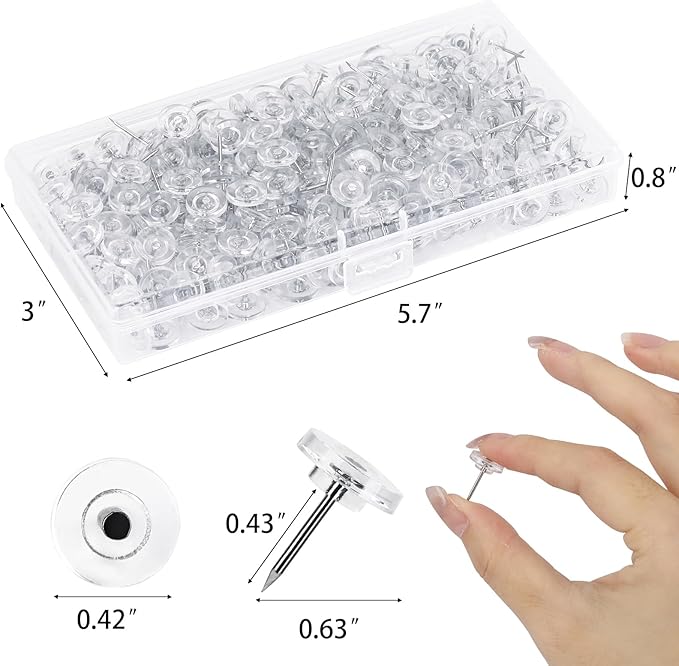 300Pcs Clear Push Pins，Flat Thumb Tacks for Bulletin Board，Plastic Head with Steel Point Thumb Tacks for Wall Cork Board