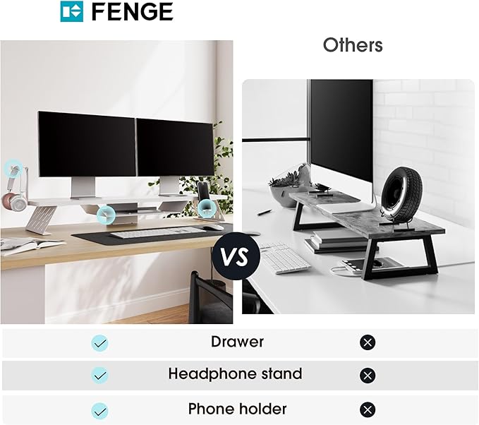 Fenge Dual Monitor Stand, 42.5 Inch Monitor Riser for Desk, Wood Desk Shelf for 2 Monitors, 2 Tier Monitor Shelf with Headphone Stand & Phone Holder