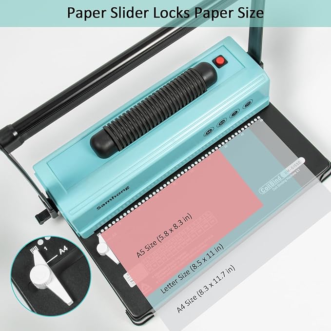SAMHONG Coil Spiral Binding Machine - Manual Hole Punch - Electric Coil Inserter - Adjustable Side Margin - for Letter Size/A4/A5, Comes with 1 Box 5/16'' Plastic Coil Binding Spines & Plier