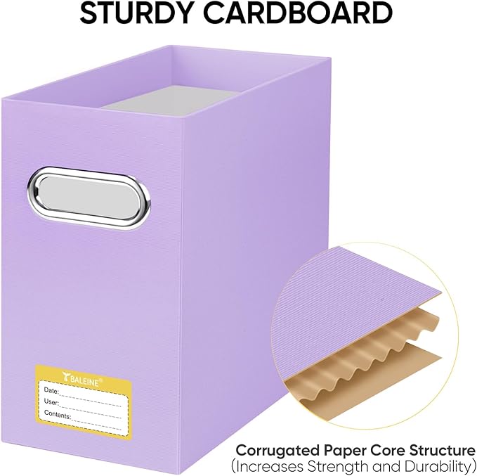 BALEINE File Organizer Box, Cardboard File Folder Organizer with Handle for Letter Size, Portable Collapsible Hanging Filing Box for Home Office Document Storage (4 Pack, Lavender)