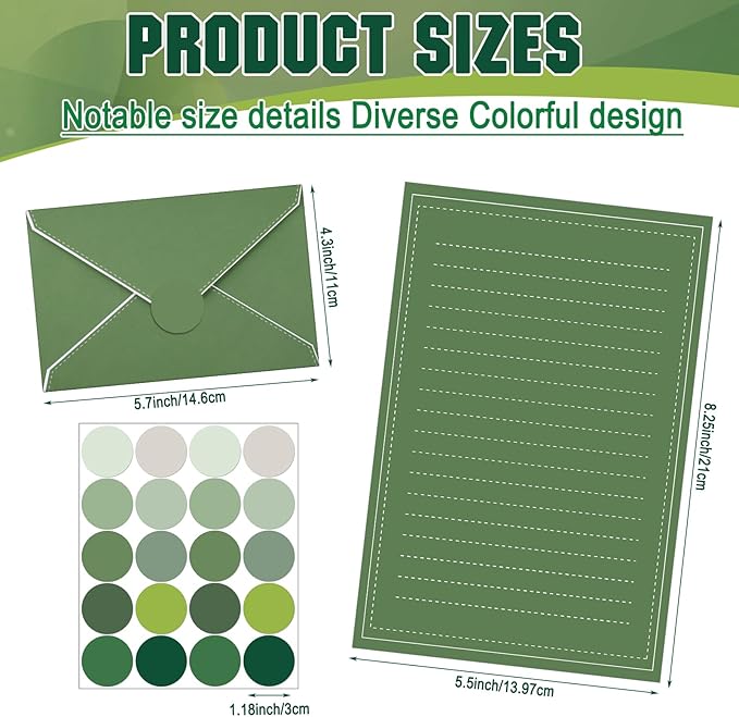 TaoBary 160 Packs Stationery Paper Set (50 Double Sided Stationery Writing Papers 50 Matching Envelopes) 60 Round Dot Sticker, 10 Design (5.5 x 8.25 Inch,Sage Green Color)