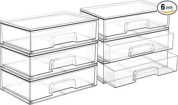 Vtopmart 12.1''W Clear Stackable Storage Drawers,6 Pack Acrylic Plastic Organizers Bins for Makeup Palettes, Cosmetics, and Beauty Supplies,Ideal for Vanity, Bathroom,Cabinet,Desk Organization
