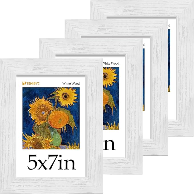 5x7 Picture Frame Set of 4 - White, Wood Photo Frame, HD Tempered Glass, Table Display or Wall Hanging, Gift for Friend