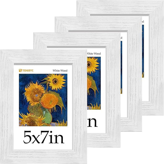 5x7 Picture Frame Set of 4 - White, Wood Photo Frame, HD Tempered Glass, Table Display or Wall Hanging, Gift for Friend