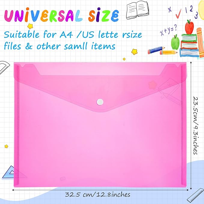 100 Pcs Clear Envelopes with Snap Button Closure Bulk A4 Letter Size Clear Plastic Envelope Folder Document Organizer File Folders for Office Home(Pink)