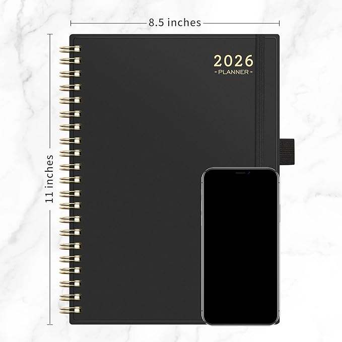 RETTACY 2026 Planner, Weekly and Monthly, Large Size (8.5" x 11"), Jan - Dec 2026, Agenda, Calendar, 12 Month Tabs, Flexible Plastic Cover, 100 GSM Thick Paper, Spiral-bound (Black)