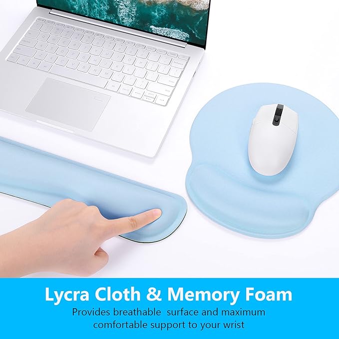 Dapesuom Keyboard Wrist Rest and Mouse Pad with Wrist Support, Memory Foam Cushion for Keyboard and Mouse Set, Ergonomic Desktop Pad Rests with Non Slip Base for Easy Typing & Pain Relief, Sky Blue