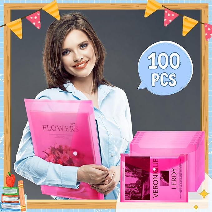 100 Pcs Clear Envelopes with Snap Button Closure Bulk A4 Letter Size Clear Plastic Envelope Folder Document Organizer File Folders for Office Home(Pink)