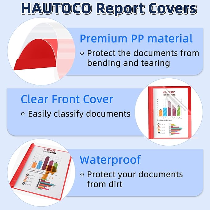 HAUTOCO 30 Pack Plastic Report Covers with 3-Prong Fasteners Clear Front Presentation Folders Resume Folders for 8.5x11 Letter Size Paper, Document Report Cover for School Office Business, Red