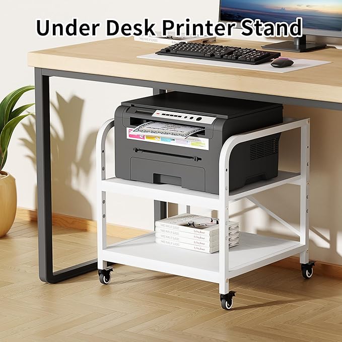 20 Inches Large Printer Stand, 2-Tier Under Desk Printer Table with Height Adjustable Shelf, Rolling Printer Cart with Industrial Wheels for Home Office (White)