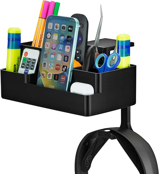 BRAINWAVZ Stationary Pen Holder with Headphone Hanger, Hobby Craft Home Office Organizer for Side of Desk, Shelves - Easy To Install, Adjustable Clamp
