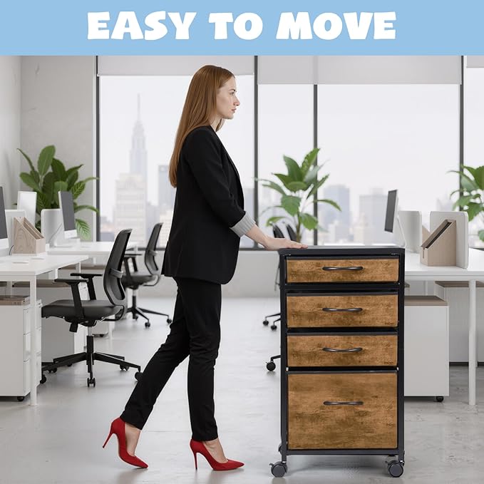 Chunful 4 Drawer Rolling File Cabinet Mobile Printer Stand Metal Cart with Fabric Vertical Filing Chest Wheels A4 Letter Size Under Desk Utility Craft Storage Organizer for Home Office(Brown)