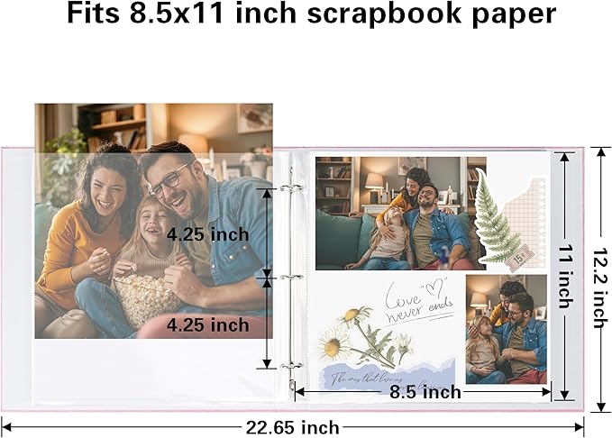 Vienrose Scrapbook 8.5x11 Inch Large 3 Ring Binder Photo Album, Linen Cover DIY Scrap Book with 30 Sheets Plastic Sleeves 60 Pages Blank White Inner Pages for Wedding Birthday Baby Travel Pink
