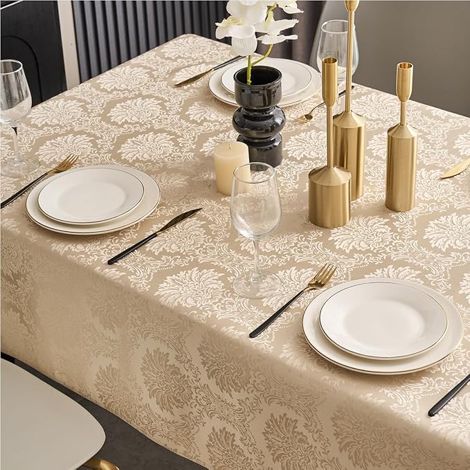 Romanvicky Christmas Jacquard Tablecloth Gold Flower Pattern Rectangle Table Cloth Spill Proof Wrinkle Resistant Polyester Table Cover for Dining, Kitchen, Thanksgiving Decoration, 60 x 120 Inch