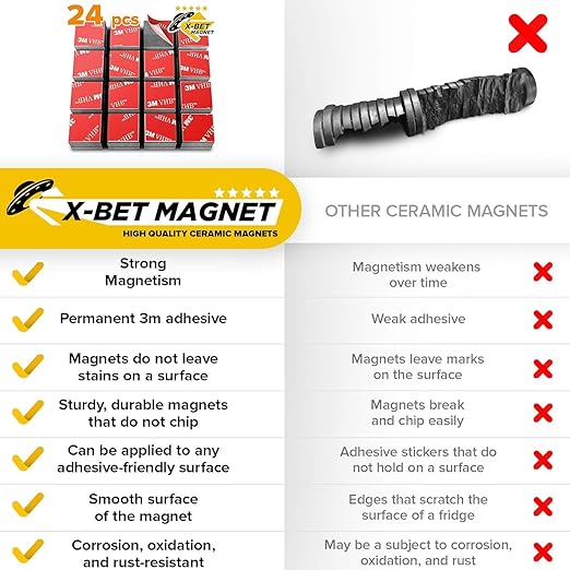 X-bet MAGNET Adhesive Magnets - Ferrite Magnetic Squares - 48 Pieces - Strong Sticky Adhesive Backing - Ceramic Magnets Ideal for Projects, Kitchen - 8"" x0.2