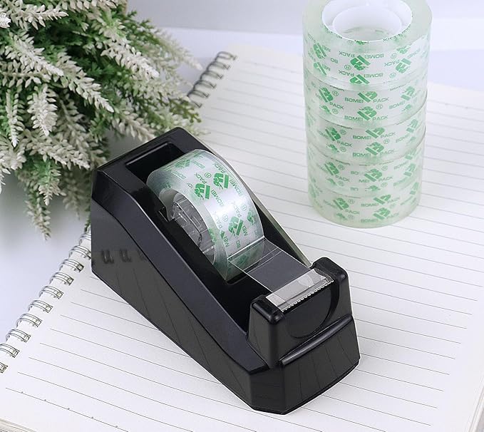 BOMEI PACK Transparent Tape Dispensers Desk, 2 Pack Black with 6Rolls Transparent Tape, 1 Inch Core, for Gift Wrapping, School, Office and Home