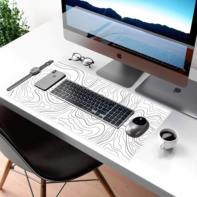 White Mouse Pad, Topographic Mouse Pad Large, Gaming Desk Pad, XL Mousepad, Keyboard Pad, Desk Mat, 31.5 x 11.8 in, Minimalist Contour for Office
