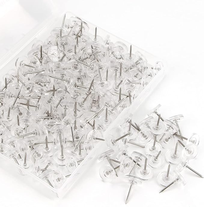Push Pins 200-count Flat Clear Thumb Tacks Steel Point and Plastic Head for Corkboard and Wooden Photo Wall