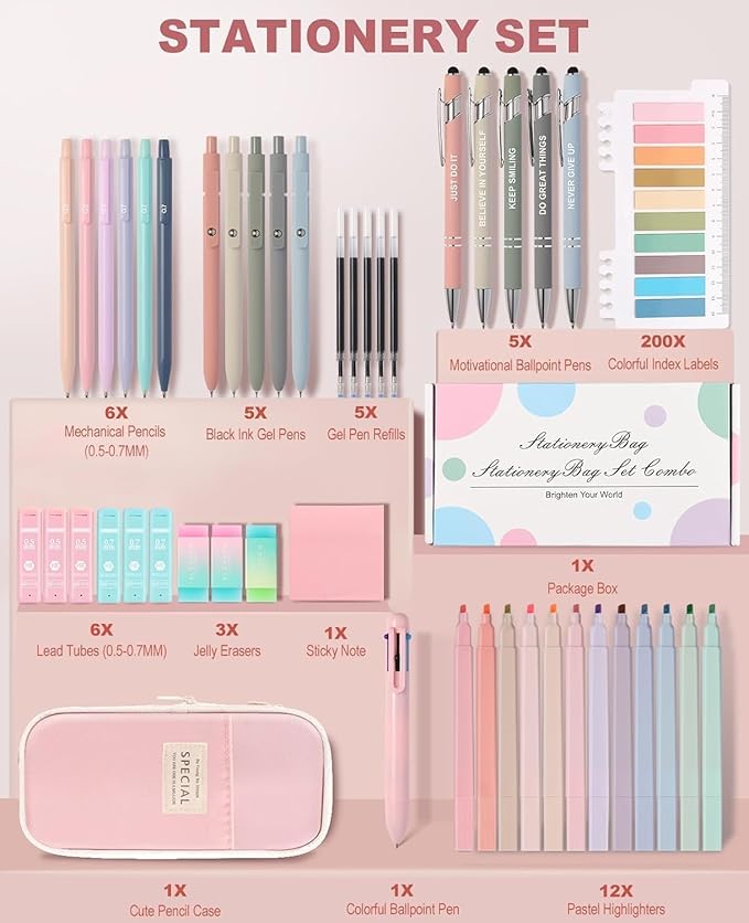 56 PCS Aesthetic School Supplies with Large Pencil Case, 5 Inspirational Ballpoint Pens, 12 Pastel Highlighters, 5 Black Ink Gel Pens, 6 Mechanical Pencils 0.5-0.7mm College Student Essentials (Pink)