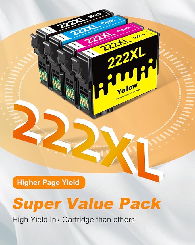 222XL Ink Cartridges Combo Pack Remanufactured Replacement for Epson 222 Ink Cartridges for Epson 222 XL 222XL for Epson XP-5200 Printer for Workforce WF-2960 Printer (4 Pack, 222 Ink)