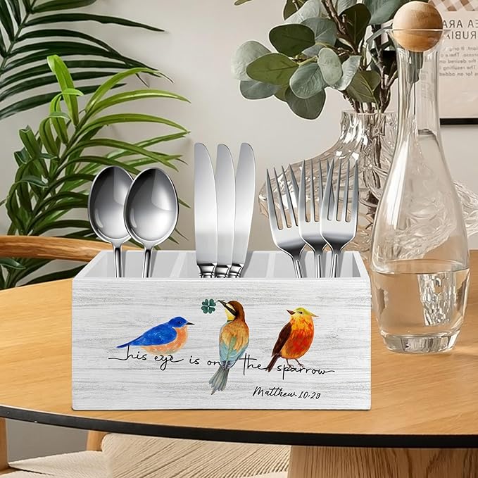 Christian Bird Pen Pencil Holder Organizer for Desk Accessories, Religious Bible Verse Scripture Wooden Box Sign Desk Decor for Home Office Decoration, Bird Lover Gifts