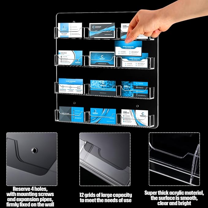 Hillban Acrylic Business Card Holder Wall Mount Clear Sticker Display Rack Multiple Card Holders Clear Acrylic Organizing Sticker Display Stand Pre Drilled(12 Pockets)