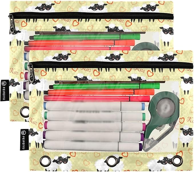 ZAZYXTJ Cute Sheep Binder Pencil Pouchs 3 Ring with Zipper Clear Window Office Organizers bag for School Students Teacher Supplies 2 Pack
