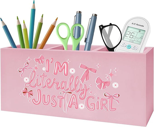 I'm Literally Just A Girl Makeup Brush Toothbrush Holder, Trendy Pink Coquette Bow Wooden Pen Pencil Holder Organizer for Dorm Bedroom Desk Accessories, Back to School Gifts for Girls