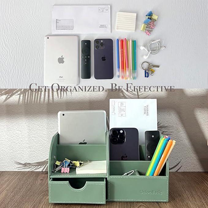 UnionBasic Desk Organizer, Multi-functional Leather Desktop Office Organizer, Pen Holder - Business Card/Pen/Pencil/Mobile Phone/Stationery Holder Storage Box, Malachite Green