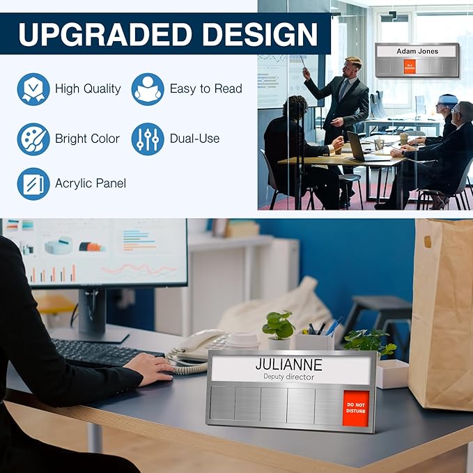 Name Plate for Desk& Office Door Sign, 6 Options Do Not Disturb, In A Meeting, Out of Office, Working Remotely, Please Knock, Stick or Stand with Desk Name Plate, Brushed Silver no icon