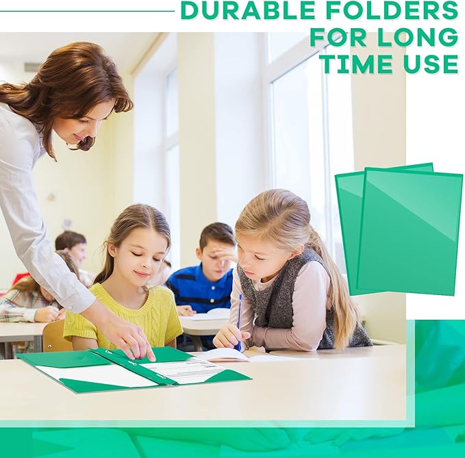 Henoyso 18 Pcs Plastic Folder with Clear Front Pocket and 3 Prong Plastic Folders with Card Slot Pocket Folders with Prongs for School Office (Green)