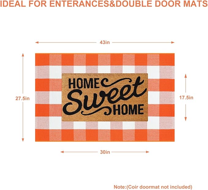 KIMODE Halloween Door Mat Outdoor 27.5"x43", Fall Decor Buffalo Plaid Outdoor Rug,Farmhouse Checkered Layered Welcome Door Mat for Entryway,Halloween Front Porch Decor,Orange and White
