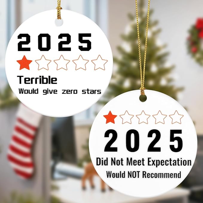 Funny Christmas Ornaments 2025 - Ceramic Hanging Tree Decorations with 1-Star Year Review Design, Gag White Elephant & Secret Santa Gifts Stocking Stuffers for Coworkers, Friends, Families