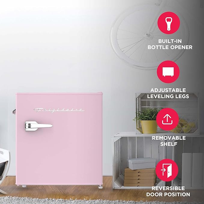 Frigidaire EFR176 Retro Compact Fridge with Chiller Mini Refrigerator with Built-in Bottle Opener for Office, Bedroom, Dorm Room or Cabin, 1.6 cu ft 16" D x 18" W x 18.5" H, Pink