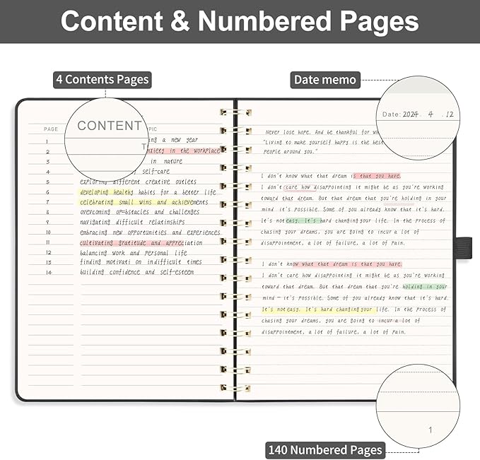 EMSHOI Spiral Notebook A4, 8.5"x11" Hardcover Leather Lined Journal with 110 Pages, 100GSM Thick Paper, Contents & Page Numbers, Flower Design - for Work, School, Journaling, Writing-Black