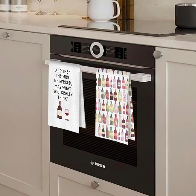 Funny Wine Kitchen Towels - Wine Gifts Dish Towels for Kitchen Decor, Bartender Gifts for Women Decorative Waffle Hand Tea Towel, 16x24 Inches Set of 2