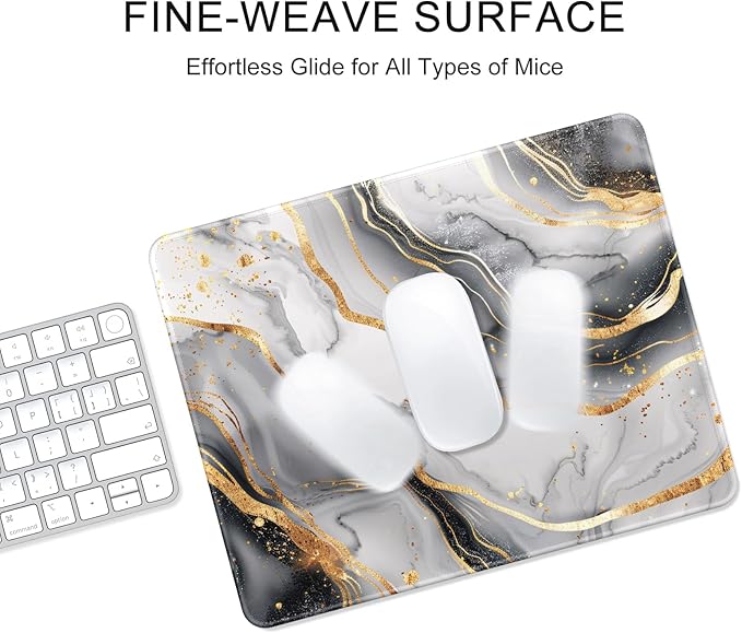 Auhoahsil Mouse Pad, 12 x 10 in Luxury Marble Theme Computer Mouse Pad for Desk, Premium-Textured Non-Slip Rubber Stitched Edges Waterproof Square Mouse Mat for Gaming Work Wireless Mice, Gray Gold