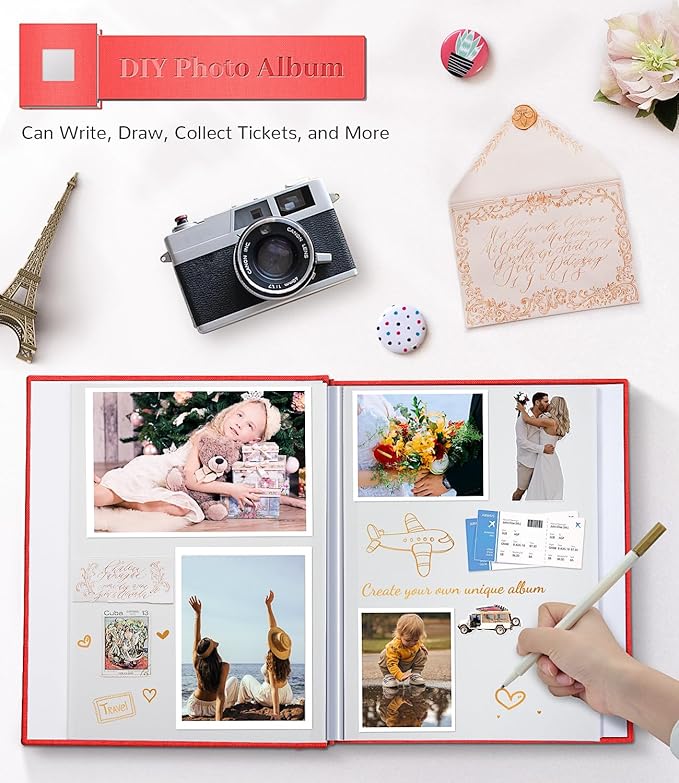Photo Album Self Adhesive Scrapbook Album for 3x5 4x6 5x7 8x10 Pictures,120 Pages Linen Cover with Display Window DIY Photo Book,Ideal Gifts for Family Travel Wedding Baby